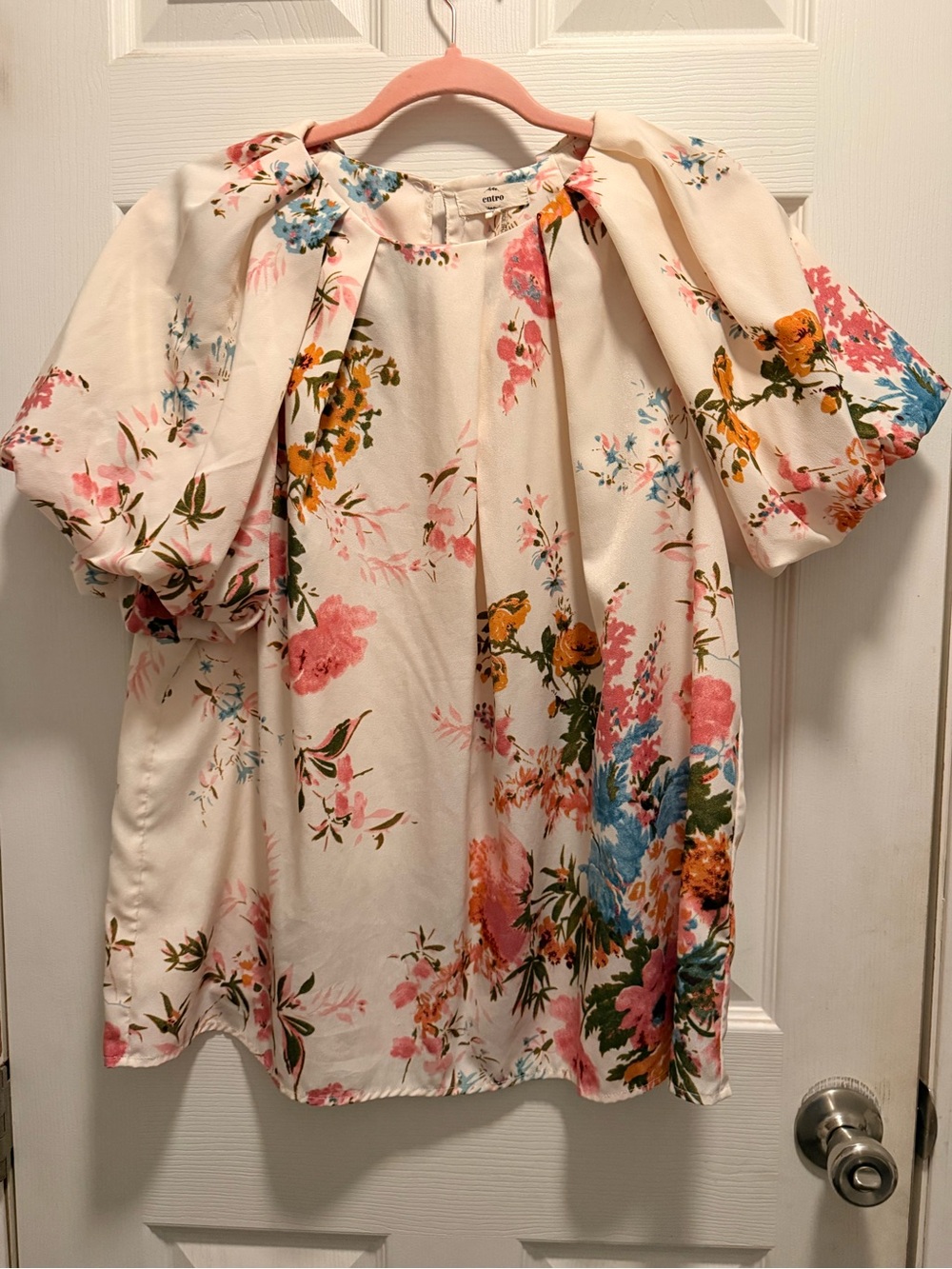 entro Cream Floral Puff-Sleeve Blouse with Pink Blue and Green Accents